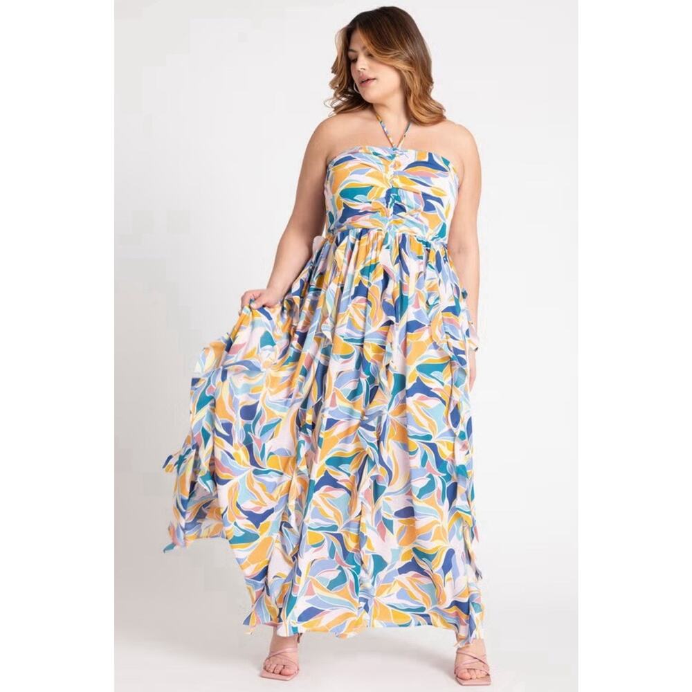 Eloquii Halter Neck Ruffle Maxi Dress, Vacation, Beach Wedding Plus 16 Chiffon
